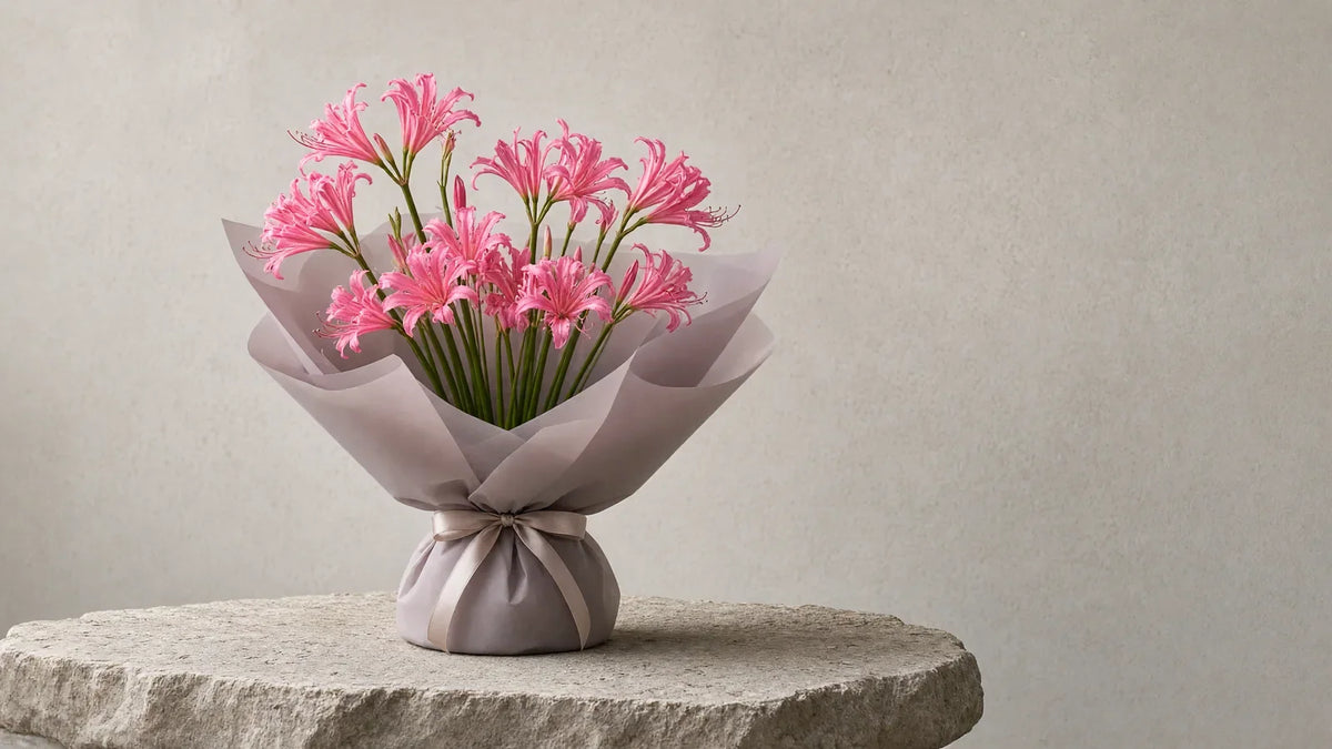 Bukiet neriny (Nerine) na tle jasnego betonu – IFIORA Warszawa
