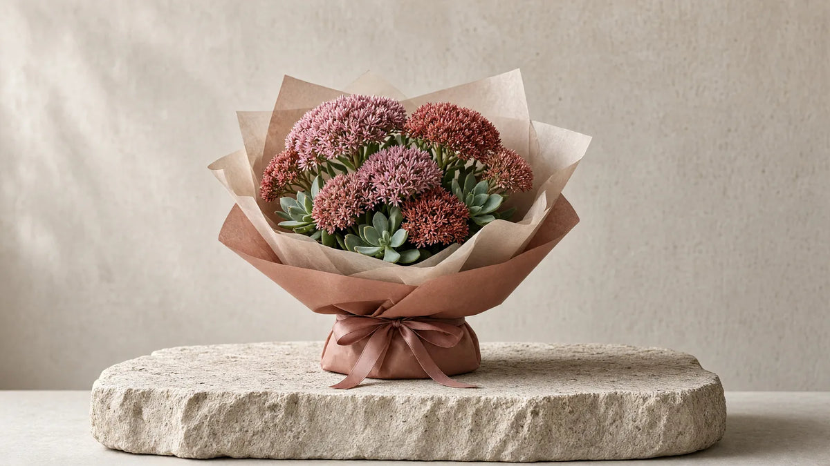 Bukiet rozchodnika (sedum) na tle jasnego betonu – IFIORA Warszawa