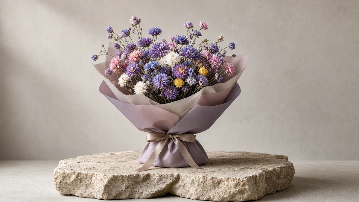 Bukiet zatrwiana (statice, Limonium) na tle jasnego betonu – IFIORA Warszawa
