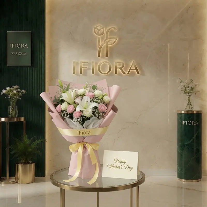 Pudrowo-różowy bukiet na Dzień Matki z liliami, różami i gipsówką oraz kartką – kwiaciarnia IFIORA Warszawa