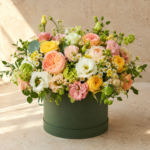 Birthday Flower Box — main product photo of bright but balanced seasonal palette flower box for delivery in Warsaw, Poland by IFIORA.