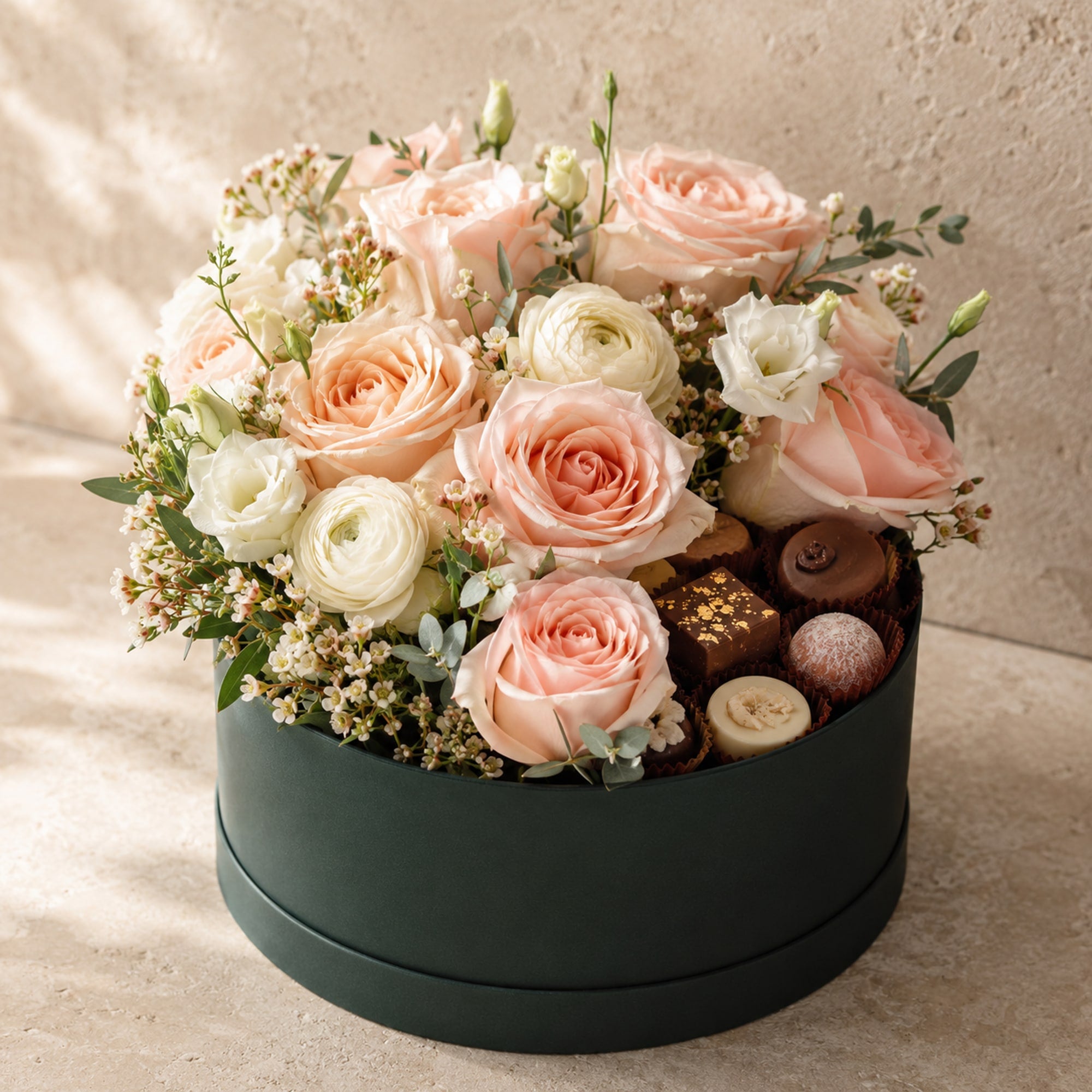 Blush Roses with Sweets — main product photo of blush, ivory flowers with gift for delivery in Warsaw, Poland by IFIORA.