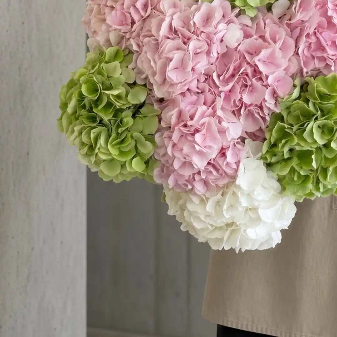 Close-up of a pink, green and white hydrangea bouquet by IFIORA florist, Warsaw (Mokotów, Poland)