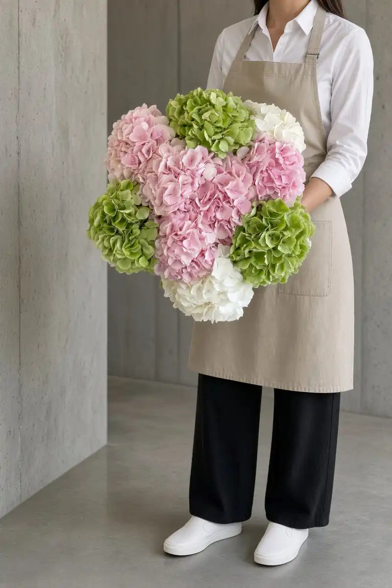 Pink, green and white hydrangea bouquet by IFIORA florist, Warsaw (Mokotów, Poland)