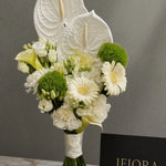Close-up of white anthurium, gerbera and green dianthus in a bridal bouquet — IFIORA florist, Warsaw (Mokotów)