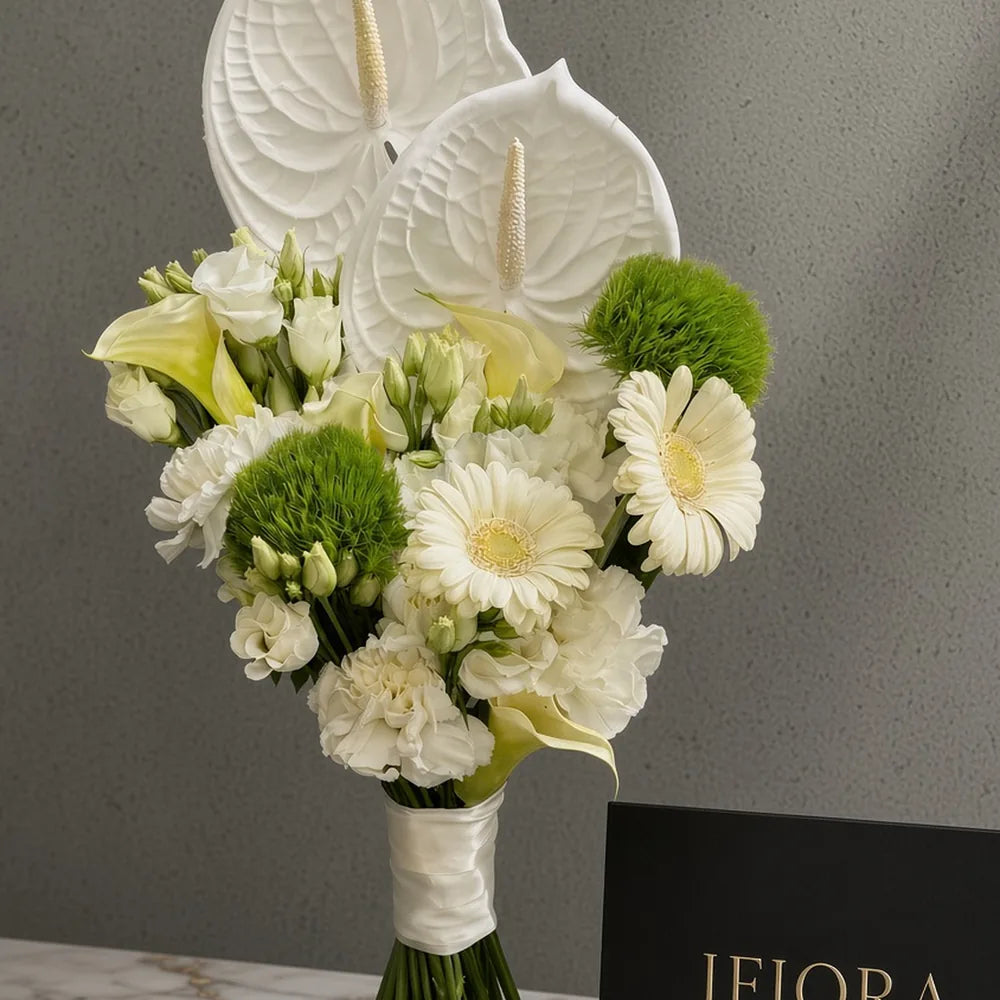 Close-up of white anthurium, gerbera and green dianthus in a bridal bouquet — IFIORA florist, Warsaw (Mokotów)