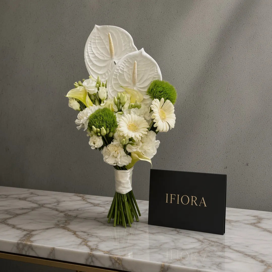 Green Harmony bridal bouquet of white anthurium, gerbera, calla and green dianthus — IFIORA Warsaw