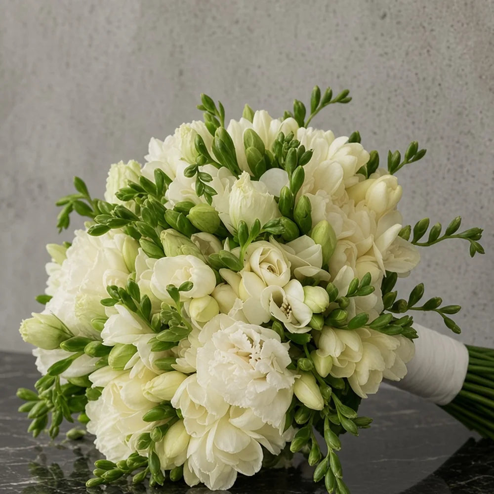 Close-up of white freesia and cream carnations in a bridal bouquet — IFIORA florist, Warsaw (Mokotów)