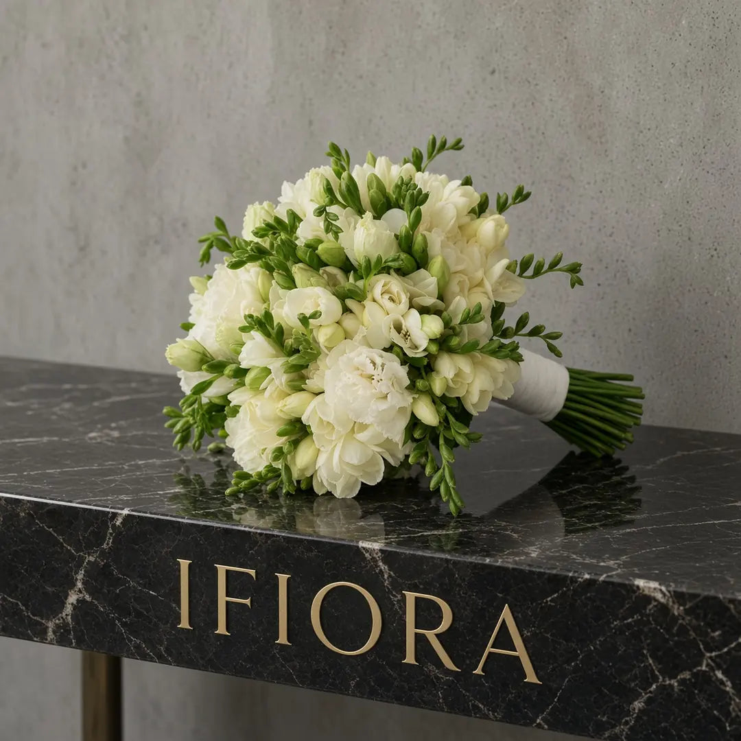 Snow Freesia bridal bouquet of white freesia and cream carnations — IFIORA wedding bouquets Warsaw