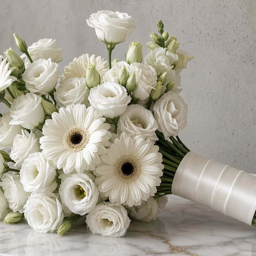 Close-up of white gerberas and lisianthus in a bridal bouquet — IFIORA florist, Warsaw (Mokotów)