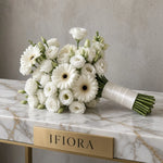 White Grace bridal bouquet of white gerberas and lisianthus with a cream handle — IFIORA wedding bouquets Warsaw