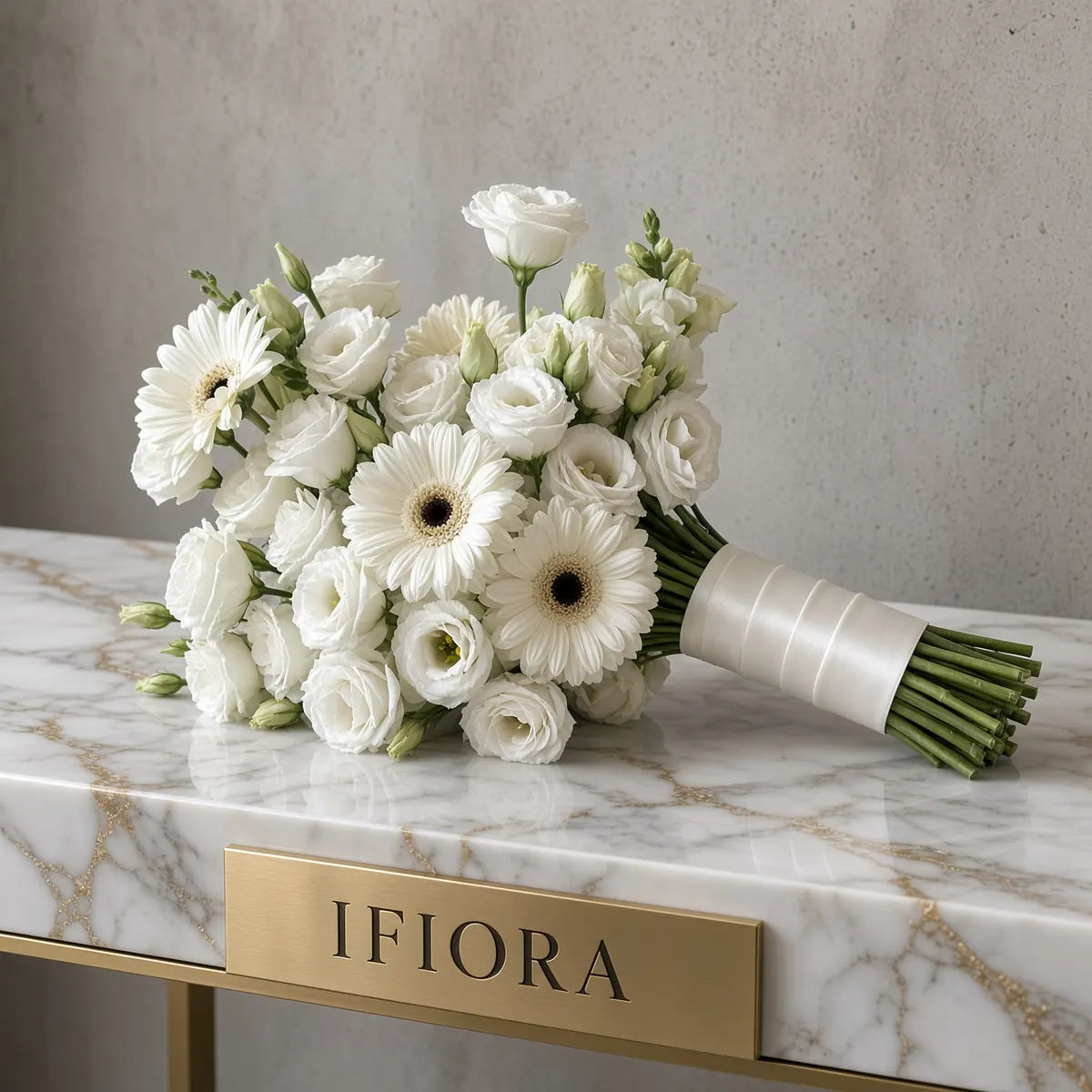White Grace bridal bouquet of white gerberas and lisianthus with a cream handle — IFIORA wedding bouquets Warsaw