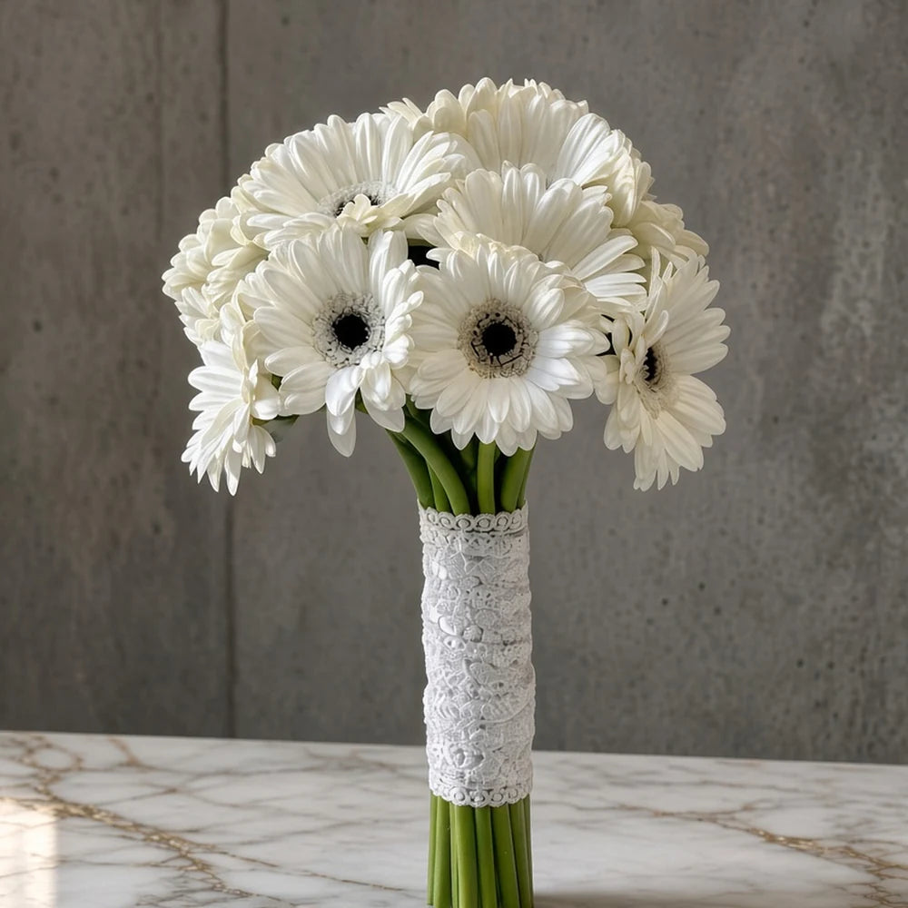Close-up of white dark-centred gerberas in a bridal bouquet — IFIORA florist, Warsaw (Mokotów)