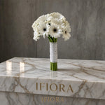 Pure Gerbera bridal bouquet of dark-centred white gerberas with a lace handle — IFIORA wedding bouquets Warsaw