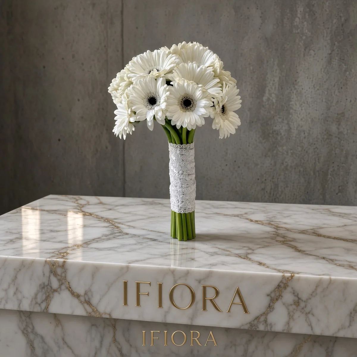 Pure Gerbera bridal bouquet of dark-centred white gerberas with a lace handle — IFIORA wedding bouquets Warsaw