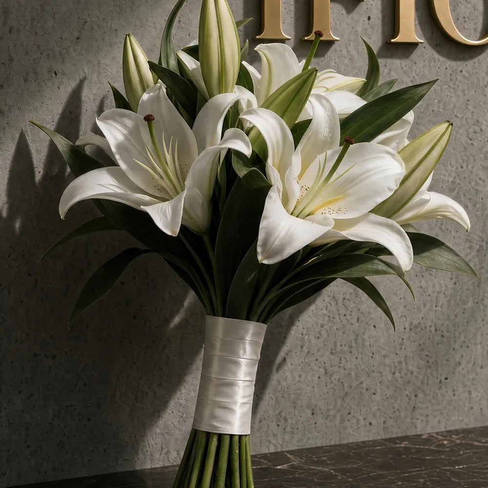 Close-up of white oriental lilies in a bridal bouquet — IFIORA florist, Warsaw (Mokotów)
