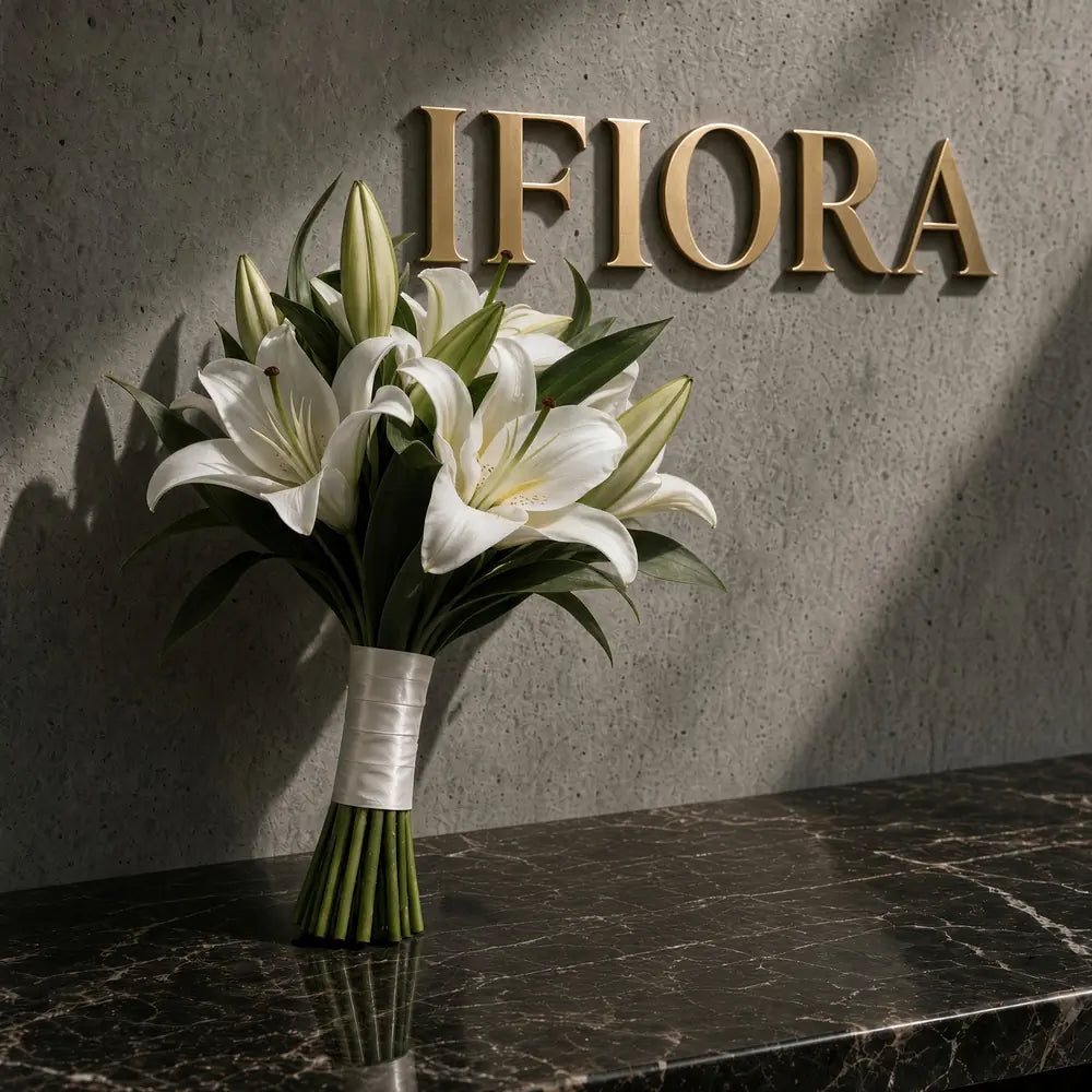 Royal Lily bridal bouquet of white oriental lilies with a satin handle — IFIORA wedding bouquets Warsaw