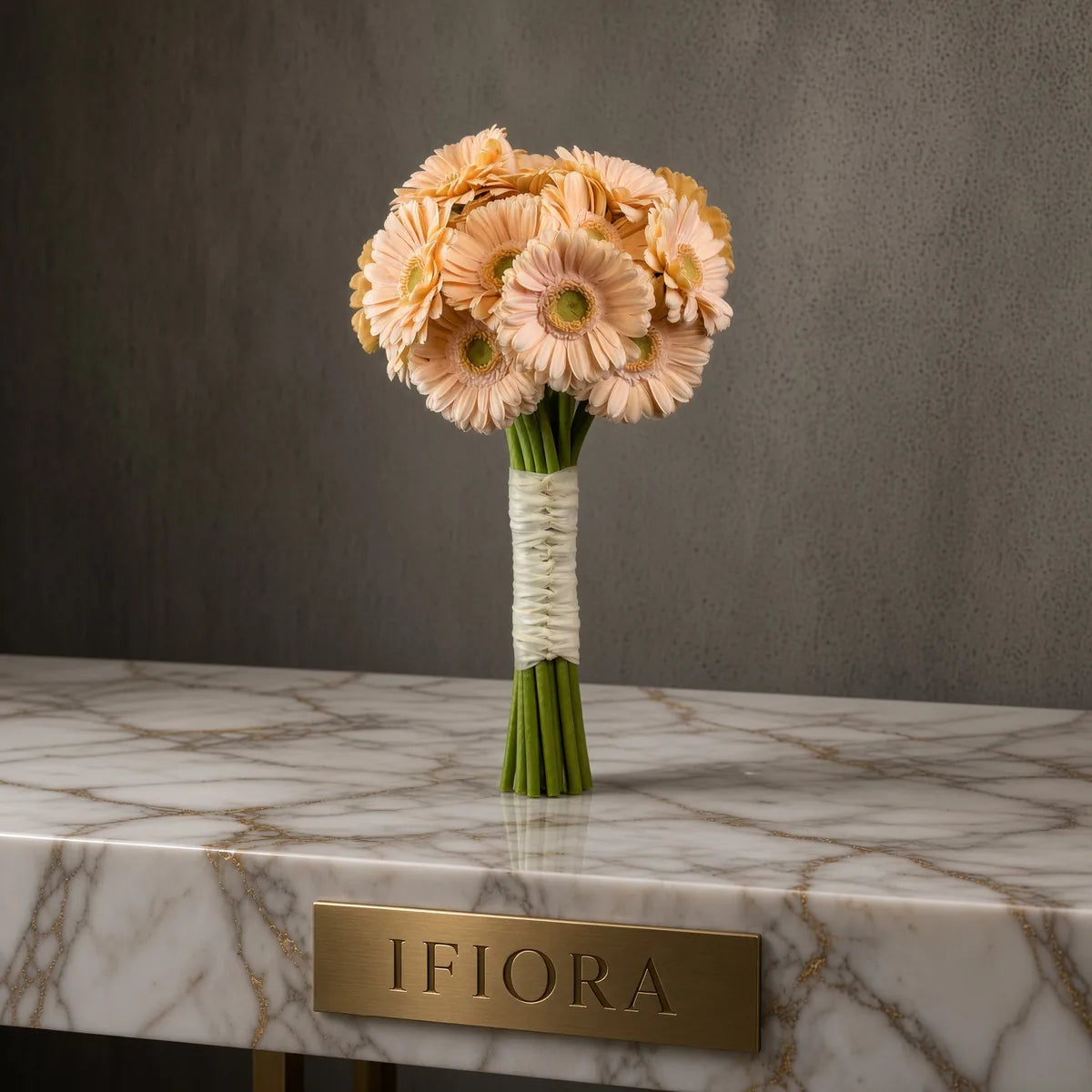 Peach Glow bridal bouquet of peach gerberas with a cream handle — IFIORA wedding bouquets Warsaw