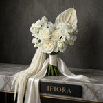 Cascade of White bridal bouquet — cascading white roses, anthurium and amaranthus with a satin ribbon — IFIORA Warsaw