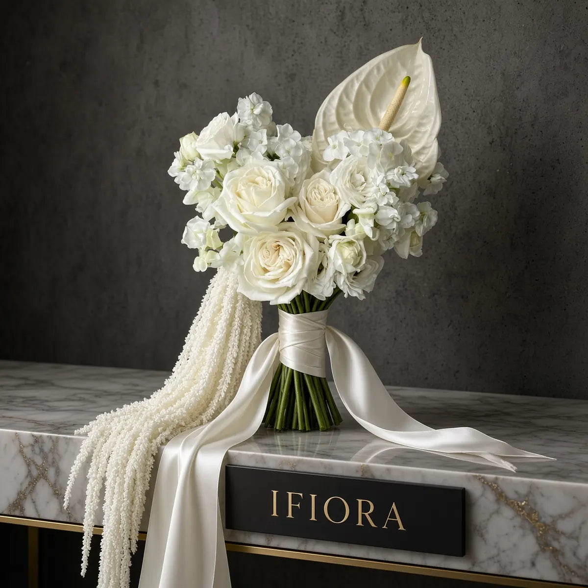 Cascade of White bridal bouquet — cascading white roses, anthurium and amaranthus with a satin ribbon — IFIORA Warsaw
