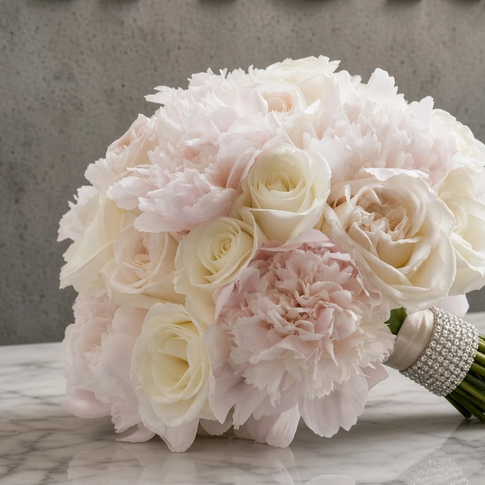 Close-up of blush peonies and cream roses in a bridal bouquet — IFIORA florist, Warsaw (Mokotów)