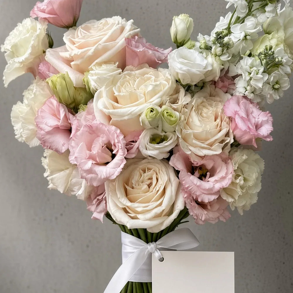 Close-up of pastel roses and lisianthus in a bridal bouquet — IFIORA florist, Warsaw (Mokotów)