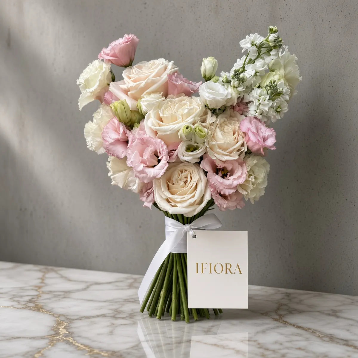 Pastel Charm bridal bouquet of cream and pink roses, lisianthus and stock — IFIORA wedding bouquets Warsaw