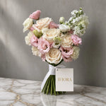 Pastel Charm bridal bouquet of cream and pink roses, lisianthus and stock — IFIORA wedding bouquets Warsaw
