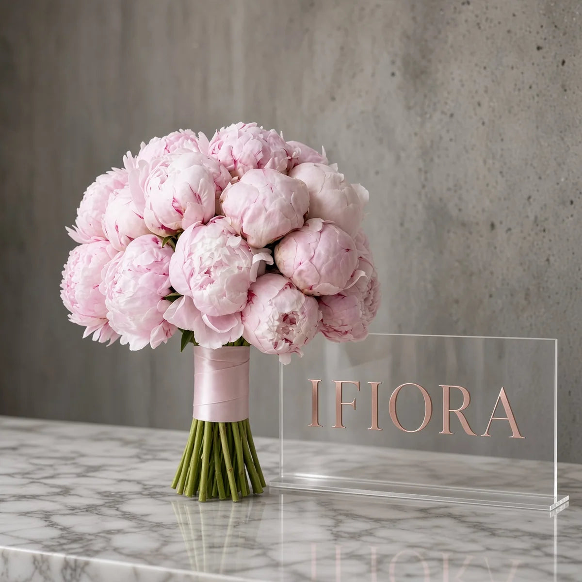 Peony Dream bridal bouquet of light-pink peonies with a pink satin handle — IFIORA wedding bouquets Warsaw