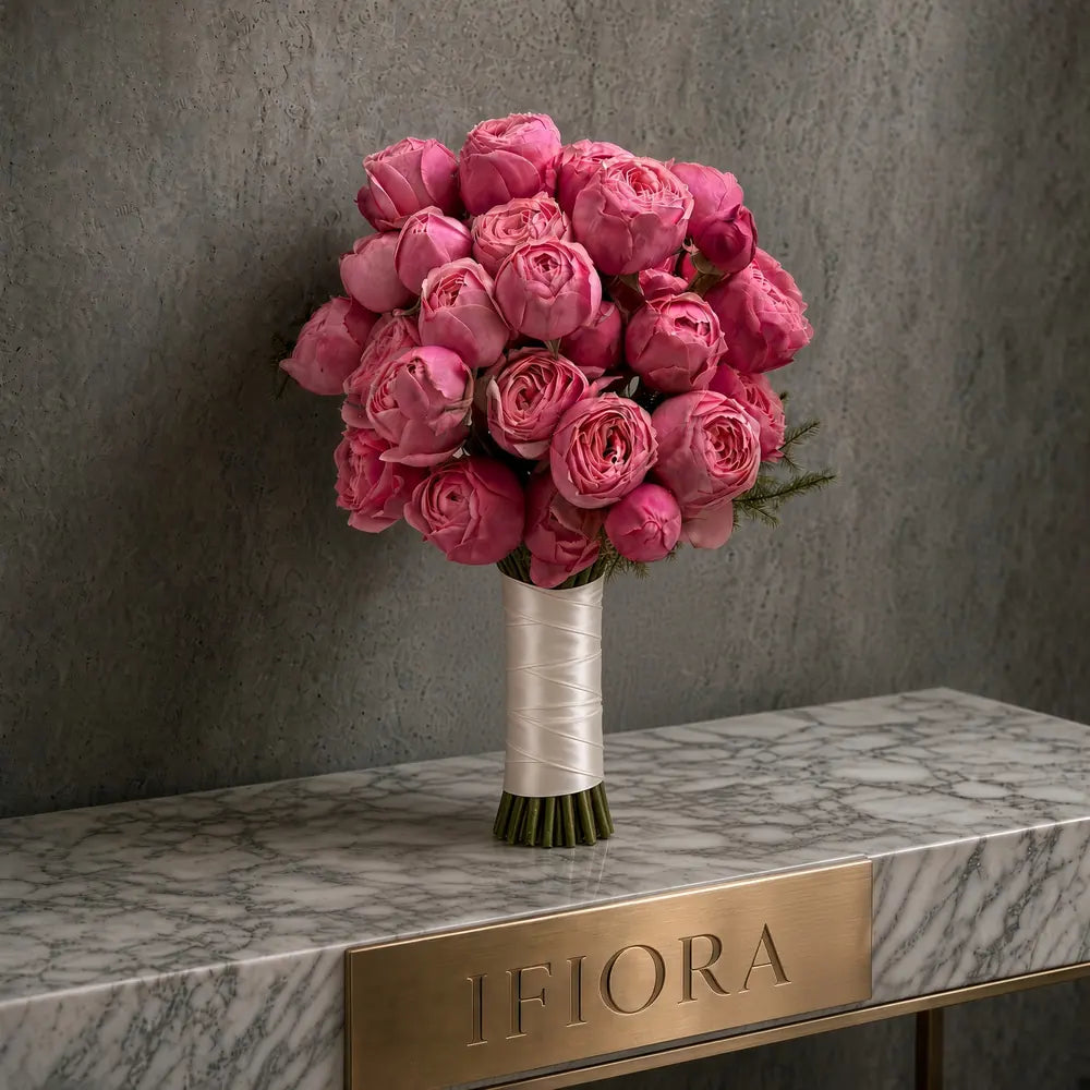 Pink Fantasy bridal bouquet of vivid-pink peony roses with a cream handle — IFIORA wedding bouquets Warsaw