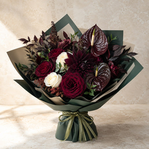 Deep Teal Signature Bouquet — main product photo of deep teal, burgundy, ivory accents bouquet for delivery in Warsaw, Poland by IFIORA.