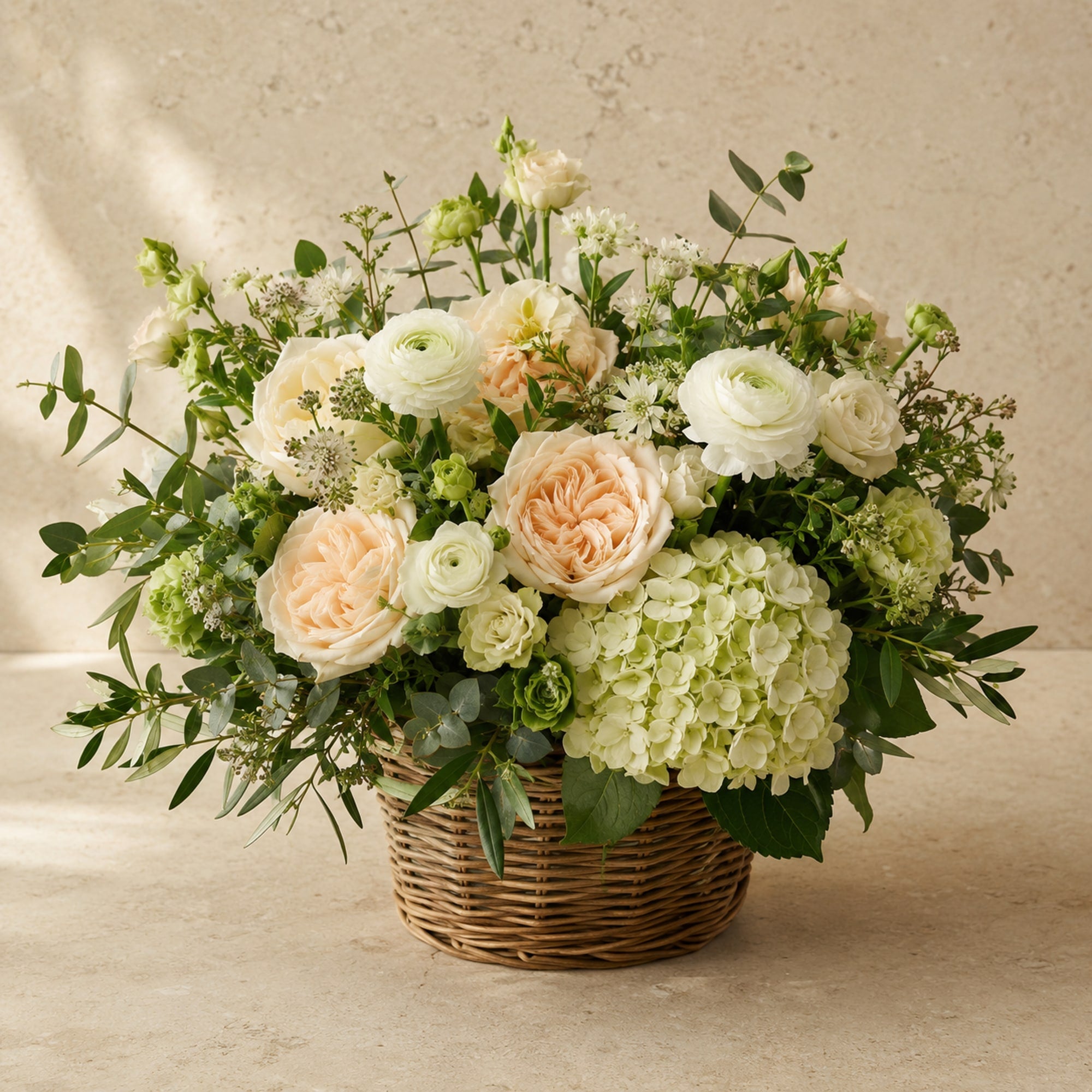 Flower Basket Natural Elegance — main product photo of natural, ivory, sage flower basket for delivery in Warsaw, Poland by IFIORA.