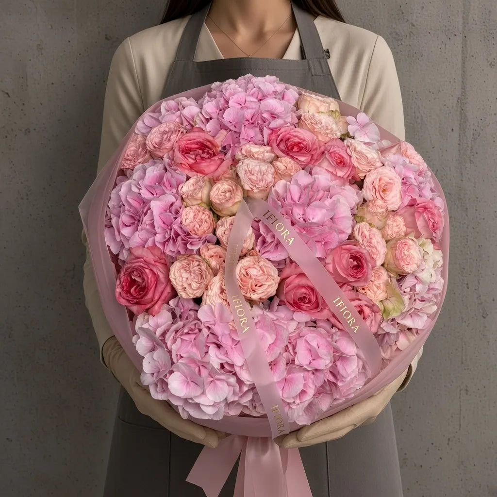 Bukiet hortensji i róż w pastelowych odcieniach różu – bukiety, kwiaciarnia IFIORA Warszawa