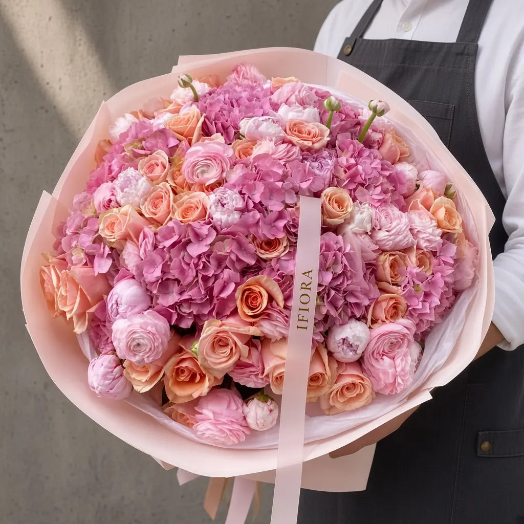 Bukiet hortensji i róż w odcieniach delikatnego różu – bukiety, kwiaciarnia IFIORA Warszawa – zbliżenie kompozycji