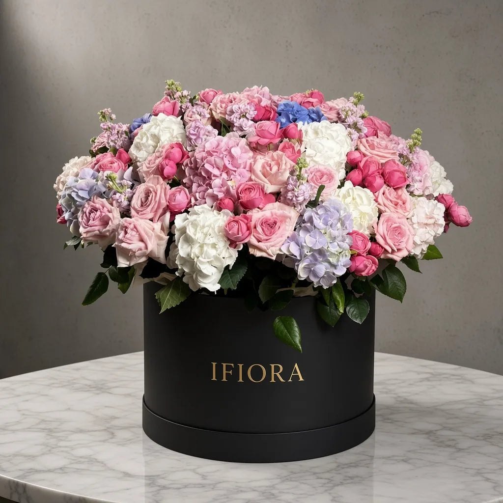 Flowerbox hortensji i maciejek – kwiaty w pudełku, kwiaciarnia IFIORA Warszawa – zbliżenie