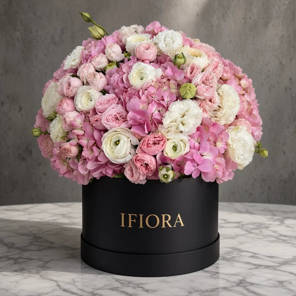 Flowerbox hortensji i jaskrów w odcieniach różu i bieli – kwiaty w pudełku, kwiaciarnia IFIORA Warszawa – zbliżenie