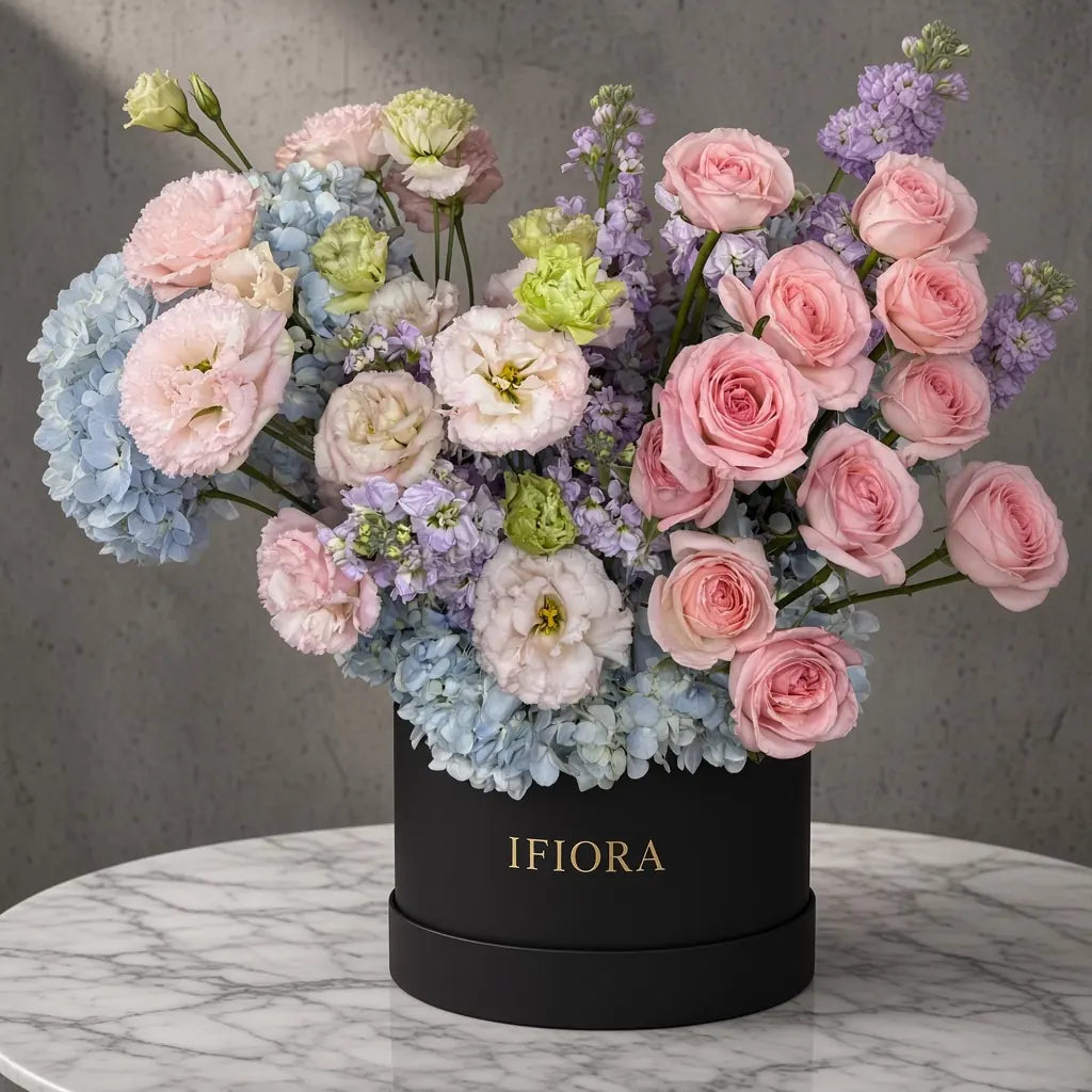 Flowerbox hortensji i eustom w odcieniach różu i błękitu – kwiaty w pudełku, kwiaciarnia IFIORA Warszawa – zbliżenie