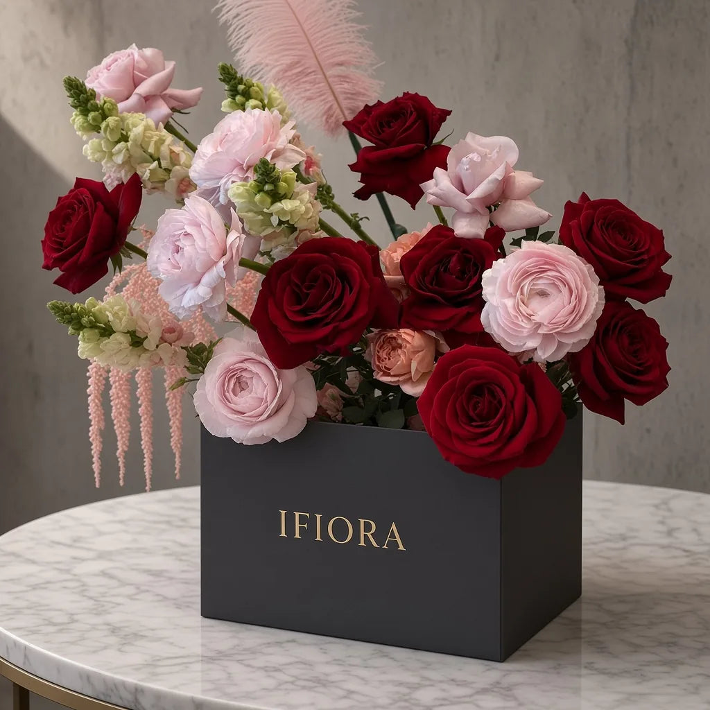 Flowerbox hortensji i róż w odcieniach różu i czerwieni – kwiaty w pudełku, kwiaciarnia IFIORA Warszawa – zbliżenie