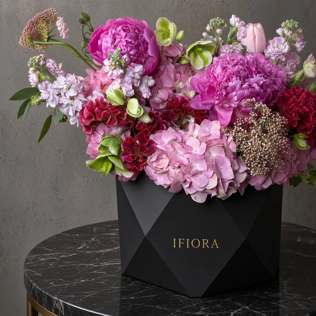 Flowerbox hortensji i maciejek w odcieniach różu i delikatnego różu – kwiaty w pudełku, kwiaciarnia IFIORA Warszawa – zbliżenie