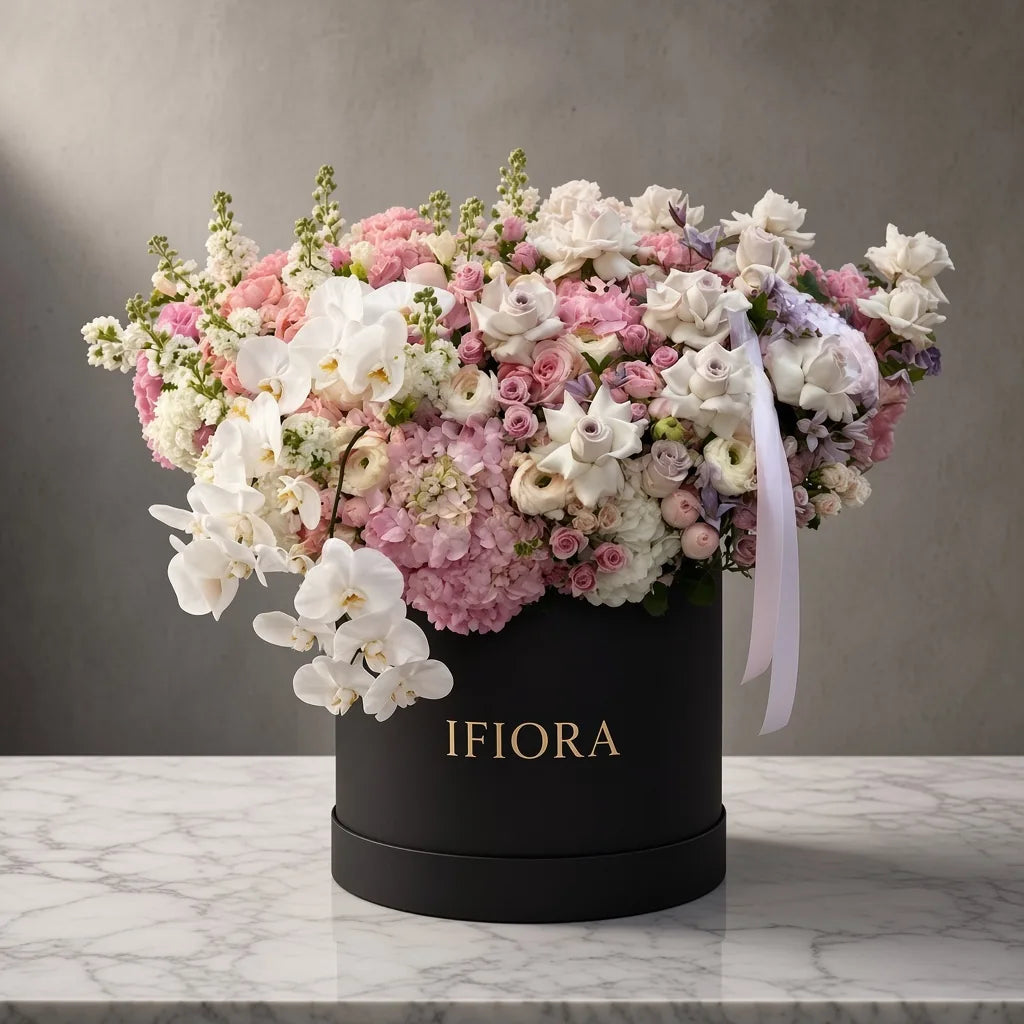 Flowerbox hortensji i jaskrów w odcieniach różu i bieli – kwiaty w pudełku, kwiaciarnia IFIORA Warszawa – zbliżenie