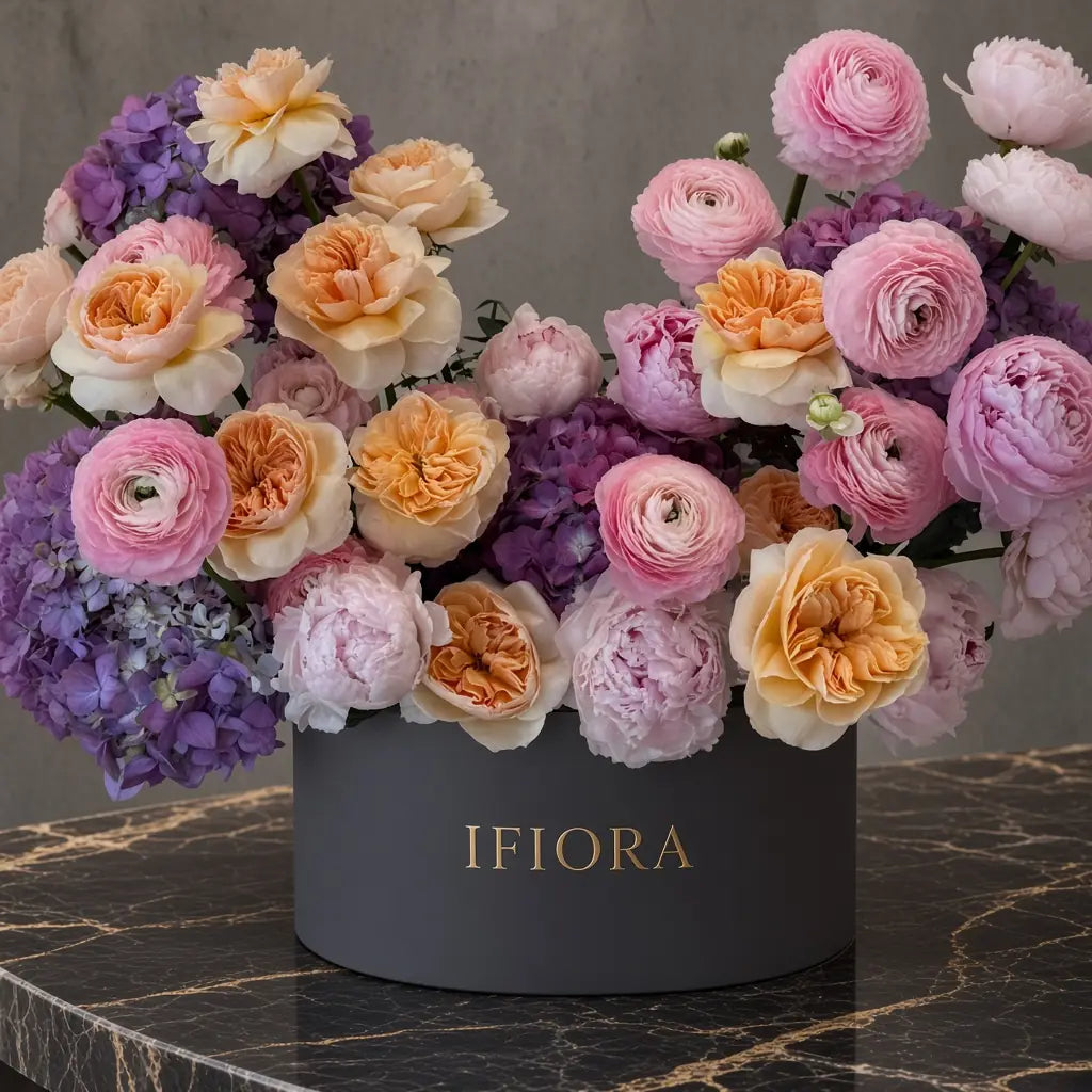 Flowerbox hortensji i róż w odcieniach różu i fioletu – kwiaty w pudełku, kwiaciarnia IFIORA Warszawa – zbliżenie