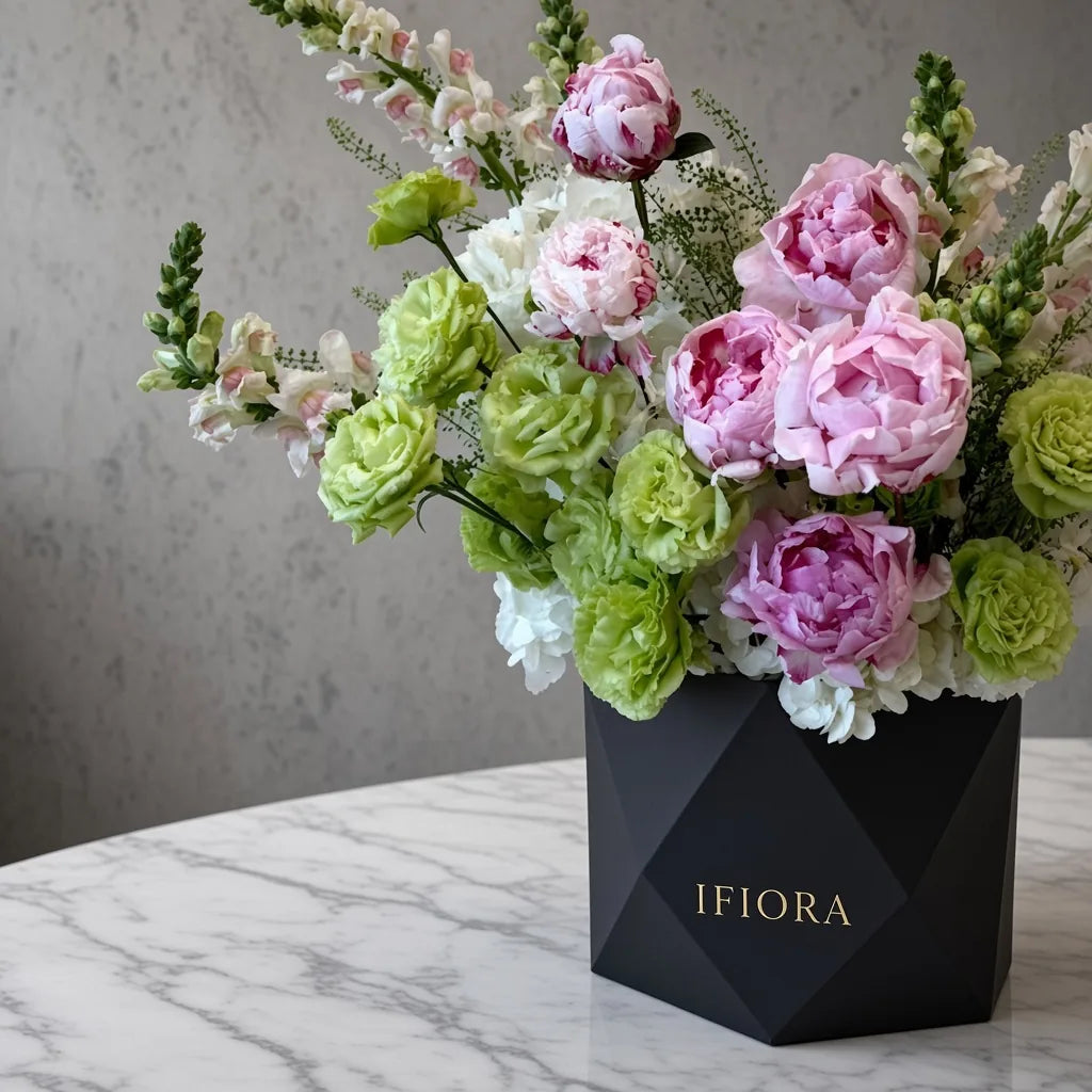 Flowerbox hortensji i piwonii w odcieniach różu i bieli – kwiaty w pudełku, kwiaciarnia IFIORA Warszawa – zbliżenie