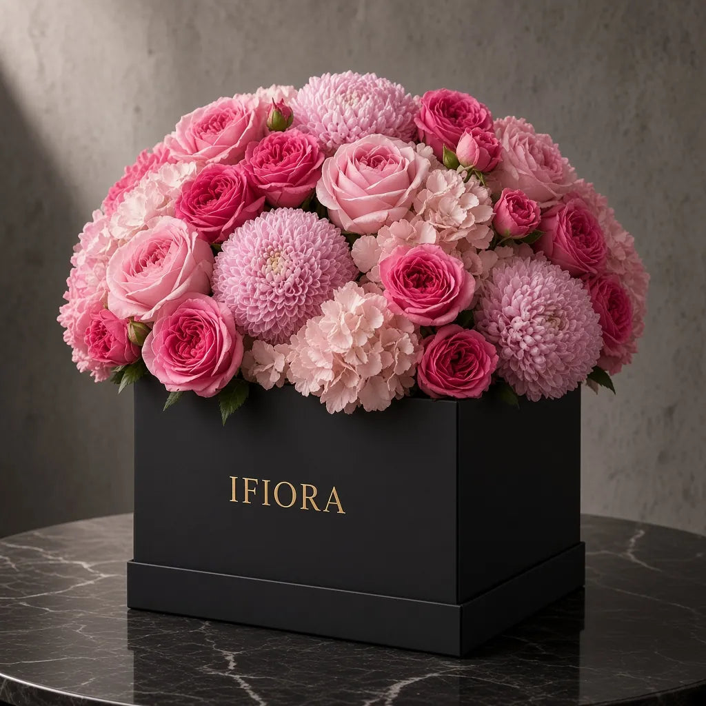 Flowerbox hortensji i chryzantem w odcieniach różu i bieli – kwiaty w pudełku, kwiaciarnia IFIORA Warszawa – zbliżenie