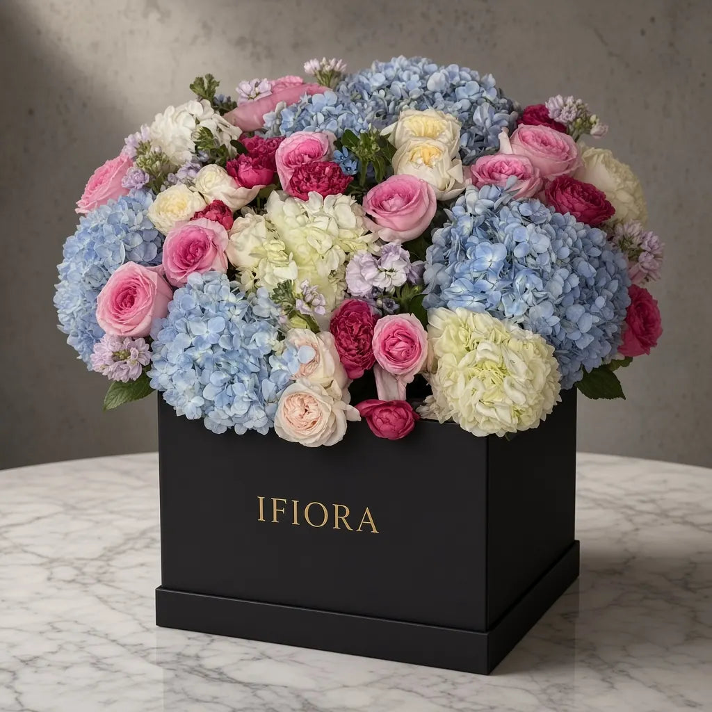 Flowerbox hortensji i róż w odcieniach błękitu i liliowego odcienia – kwiaty w pudełku, kwiaciarnia IFIORA Warszawa – zbliżenie