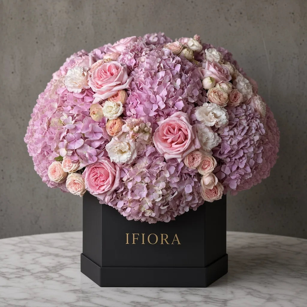 Flowerbox hortensji i róż w odcieniach różu i brzoskwini – kwiaty w pudełku, kwiaciarnia IFIORA Warszawa – zbliżenie