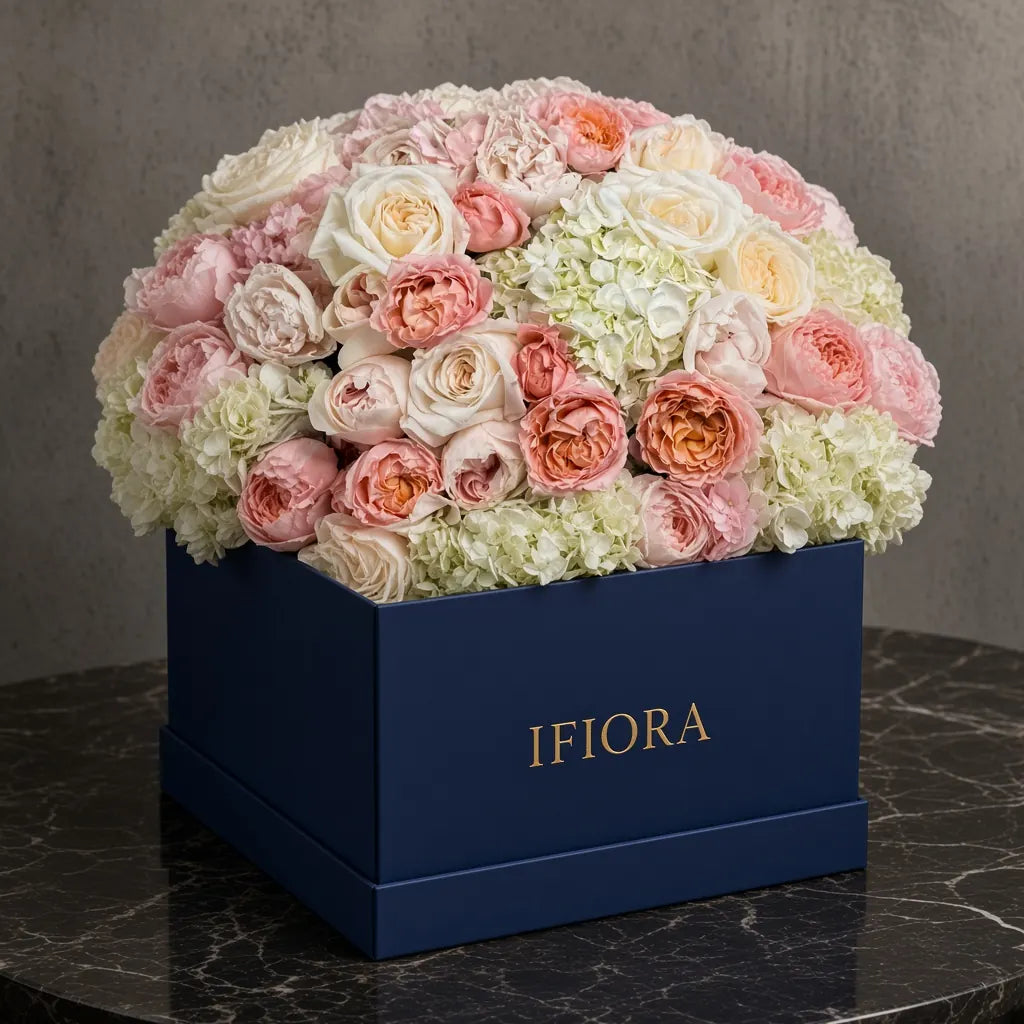 Flowerbox róż i hortensji w odcieniach brzoskwini i kości słoniowej – kwiaty w pudełku, kwiaciarnia IFIORA Warszawa – zbliżenie