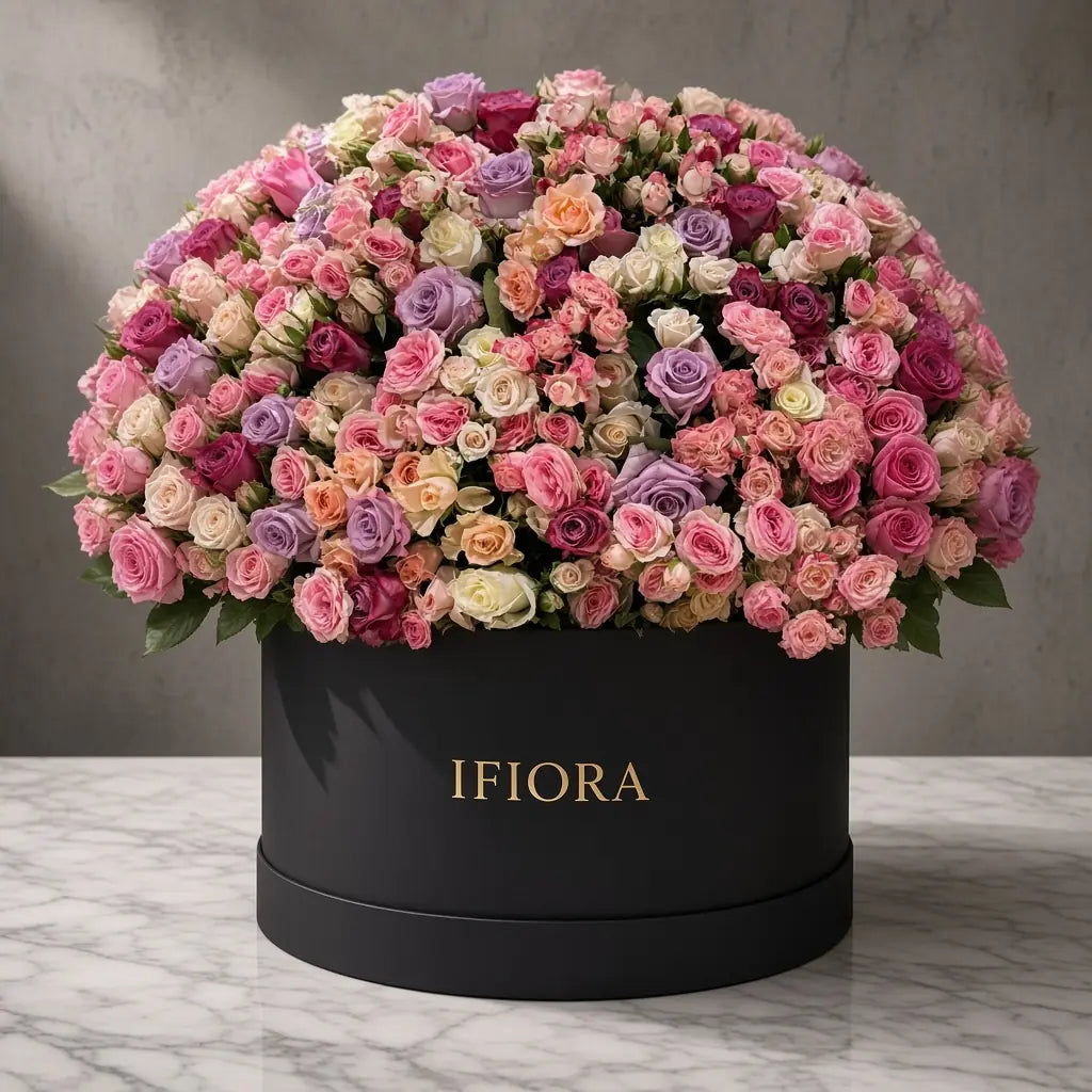 Flowerbox róż w odcieniach bieli i fioletu – kwiaty w pudełku, kwiaciarnia IFIORA Warszawa – zbliżenie