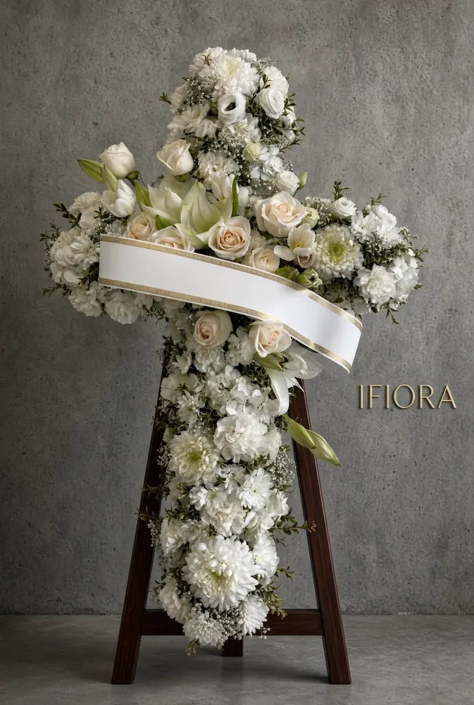 Light of Remembrance funeral flower cross of white chrysanthemums, cream roses, lilies and eucalyptus on a stand with a white sash — funeral flowers IFIORA Warsaw