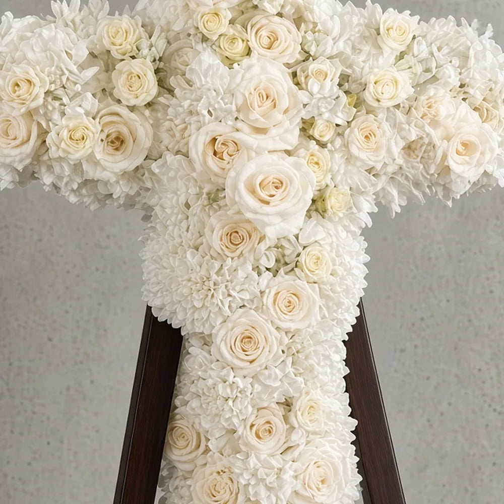 Close-up of cream roses and white chrysanthemums in a funeral cross — IFIORA florist, Warsaw (Mokotów)