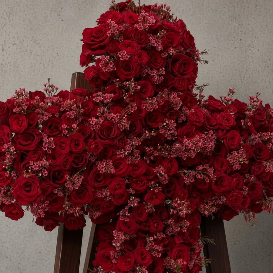 Close-up of red roses and waxflower in a funeral cross — IFIORA florist, Warsaw (Mokotów)